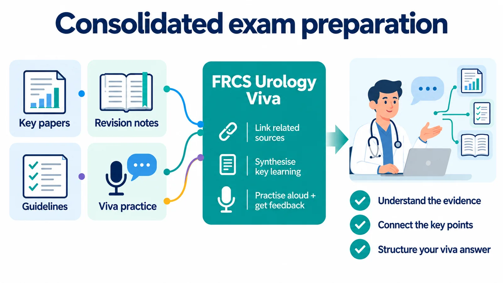 Consolidated exam preparation: key papers, revision notes, guidelines and viva practice feed into FRCS Urology Viva, which links related sources, synthesises key learning and lets you practise aloud with feedback. The result: understand the evidence, connect the key points and structure your viva answer.