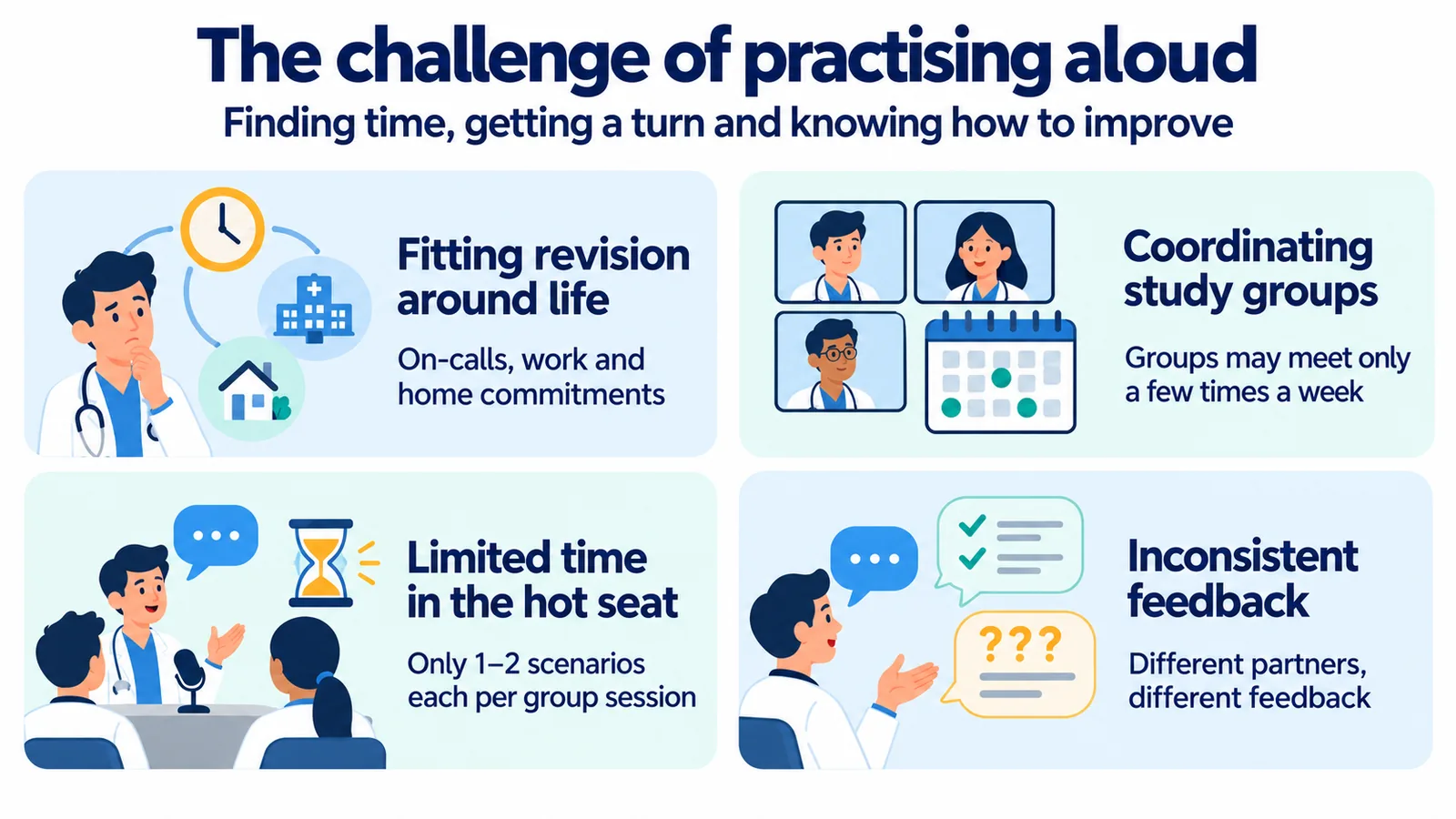 The challenge of practising aloud: fitting revision around on-calls, work and home; coordinating study groups that may meet only a few times a week; limited time in the hot seat with only one or two scenarios each per session; and inconsistent feedback from different partners.