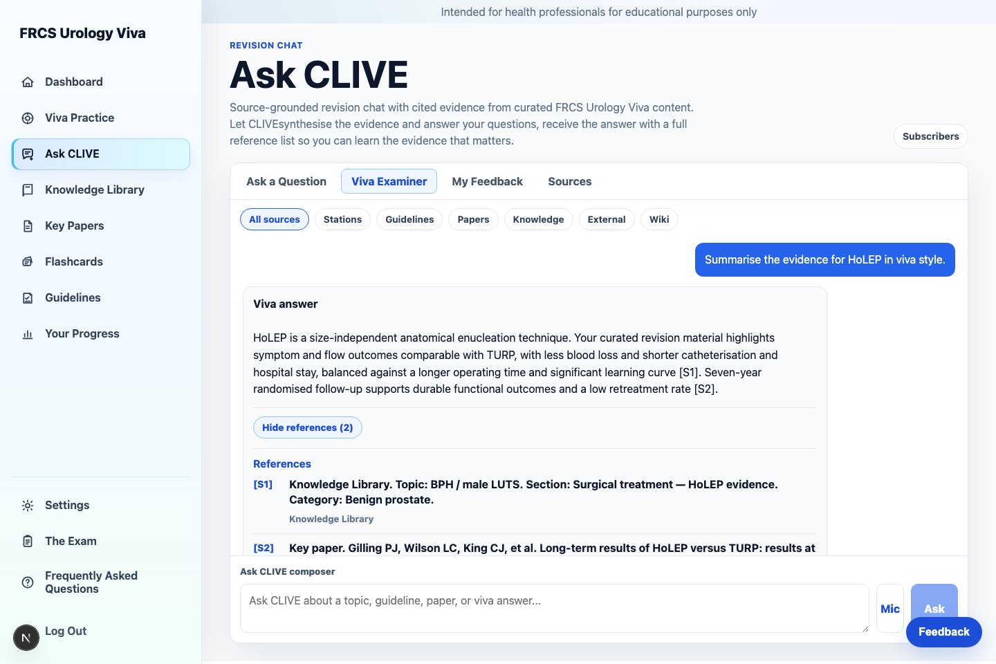 Ask CLIVE revision chatbot answering a urology question with cited candidate-reviewed material.