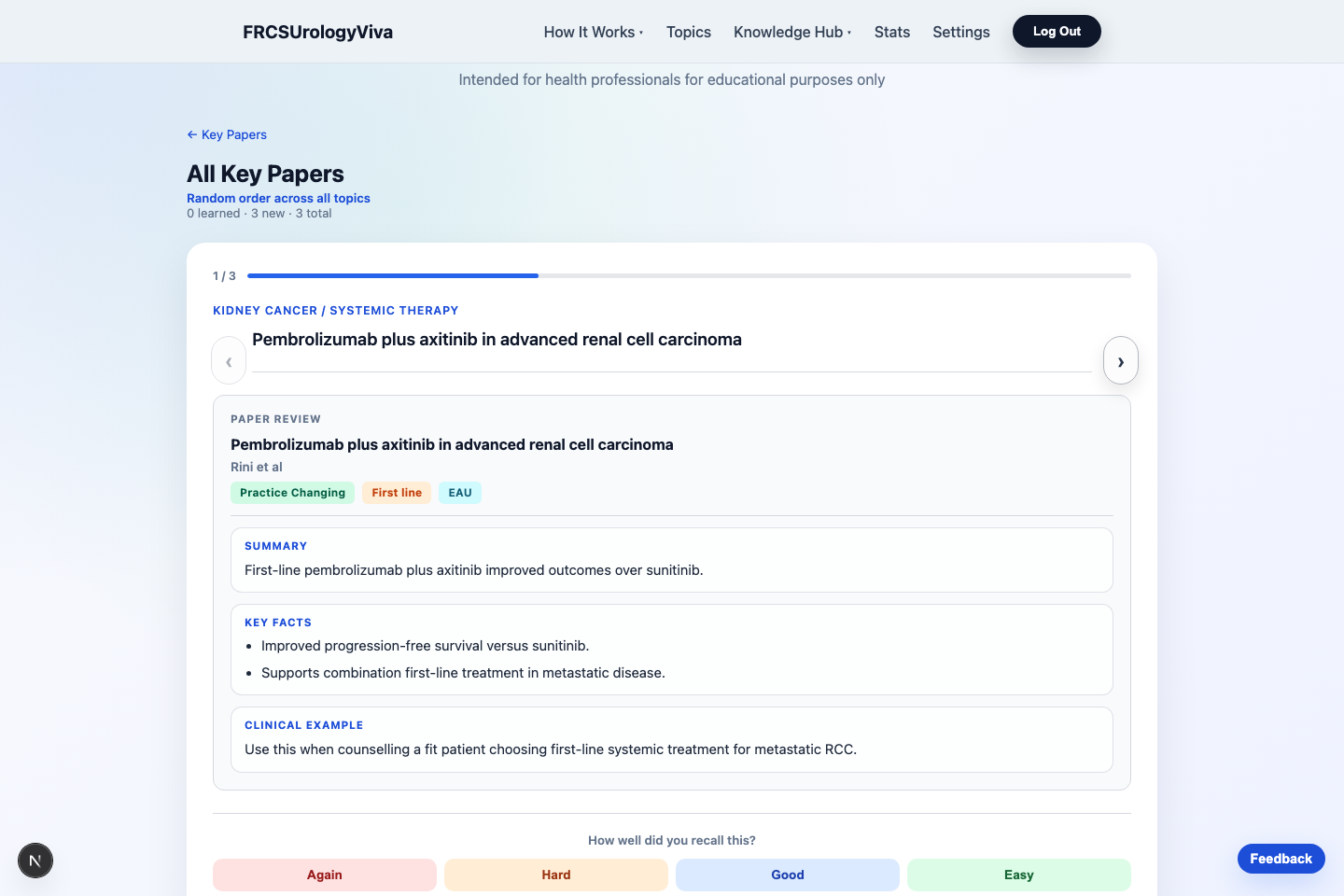 Flashcard review page showing a revealed key paper card with summary, facts, and recall rating controls.