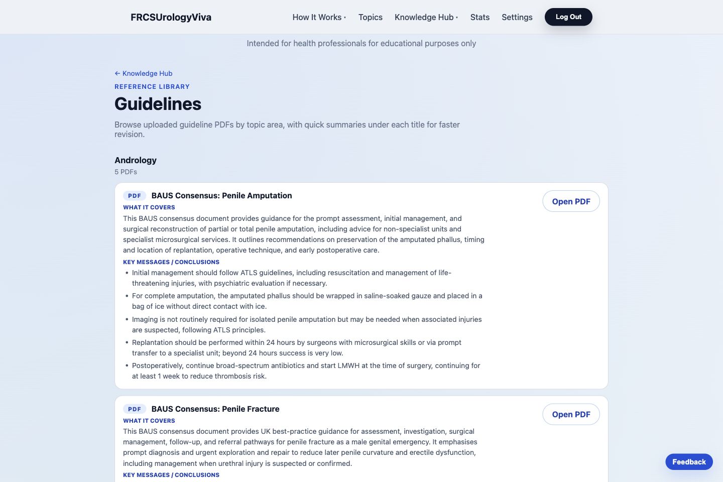 Guidelines page showing uploaded guideline PDFs with coverage summaries and key messages.