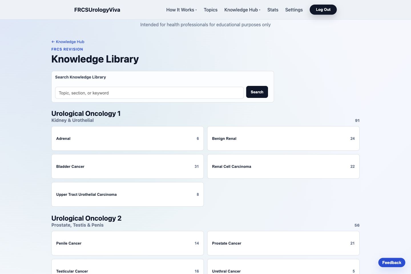 Knowledge Library page showing searchable FRCS revision topics grouped by station area.